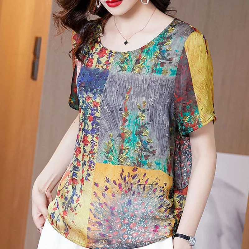 

Vintage Printed O-Neck Short Sleeve Floral T-Shirt Women's Clothing 2023 Summer New Oversized Casual Pullovers Korean Tee Shirt