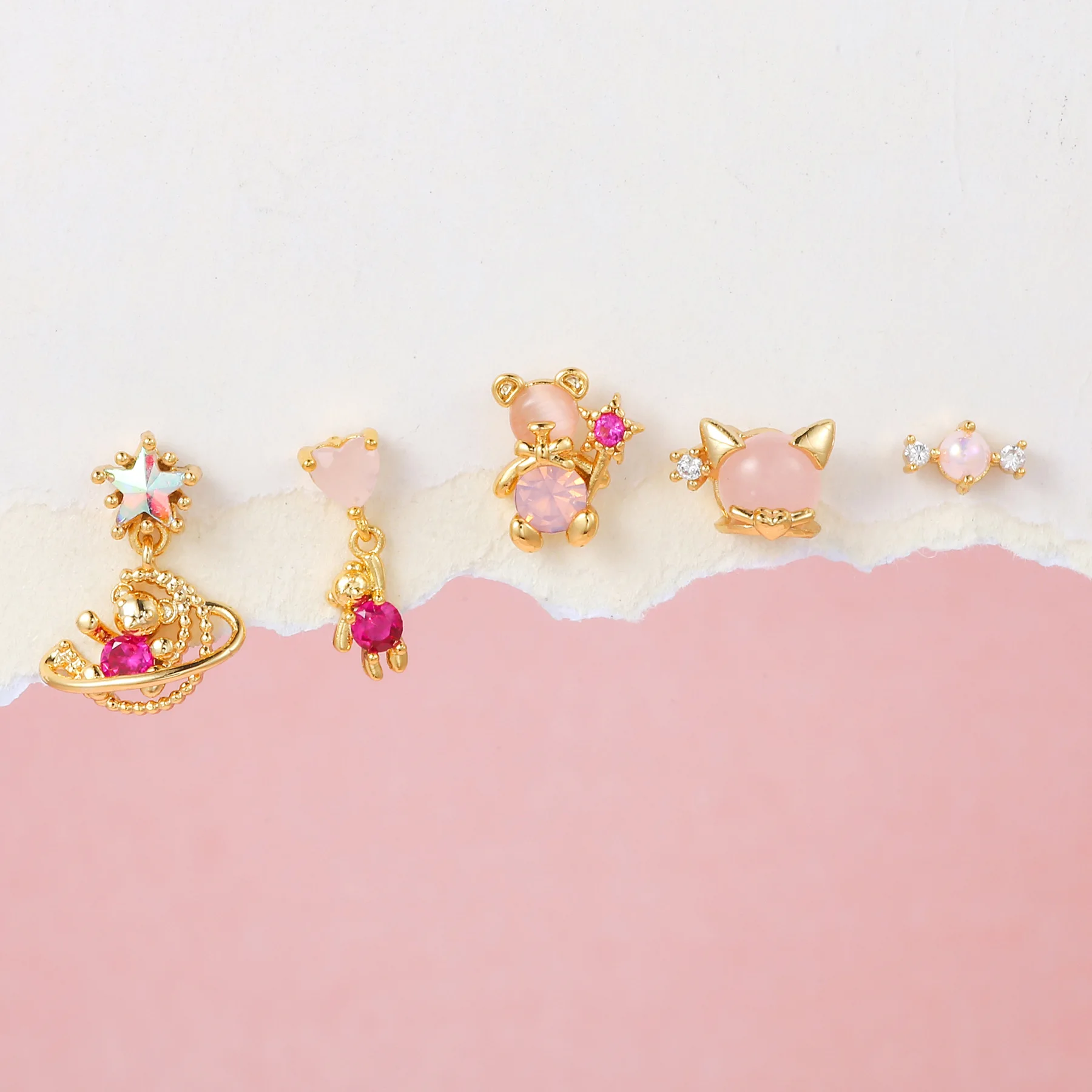 

5pcs/Set 18K Gold Plated Sweet Zircon Star Heart Bear Stud Earrings For Women Cute Pink Ear Stud Hewelry boucles d’oreilles