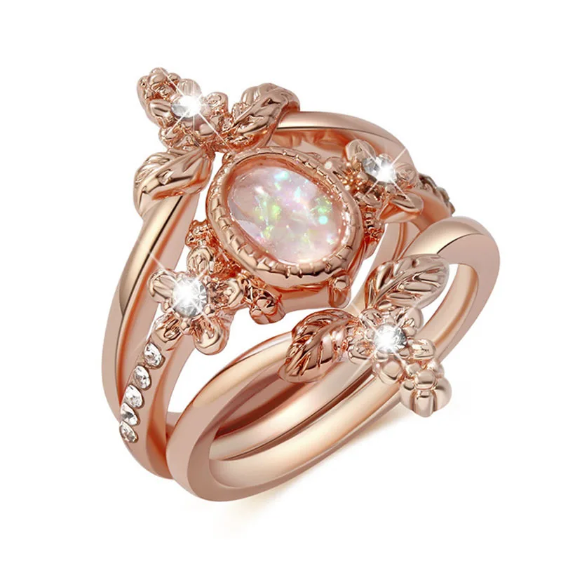 3 Pcs/set Exquisite Rose Gold Color Inlaid Crystal Zircon Opal Alloy Female Ring Set for Women Party Wedding Jewelry Accessories