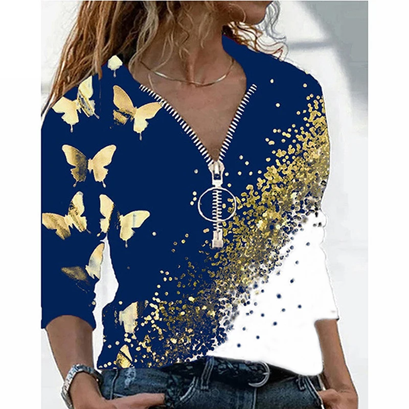 

Summer T Shirt Women Europe v-neck Zipper t-shirts Butterfly Printing Long Sleeve Positioning New 2021 T-shirt all-match