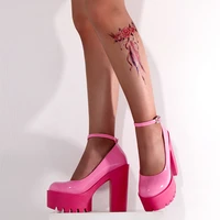 sexy pink pumps women shoes 2022 new brand design block high heels round toe ankle buckle female dress platform shoes