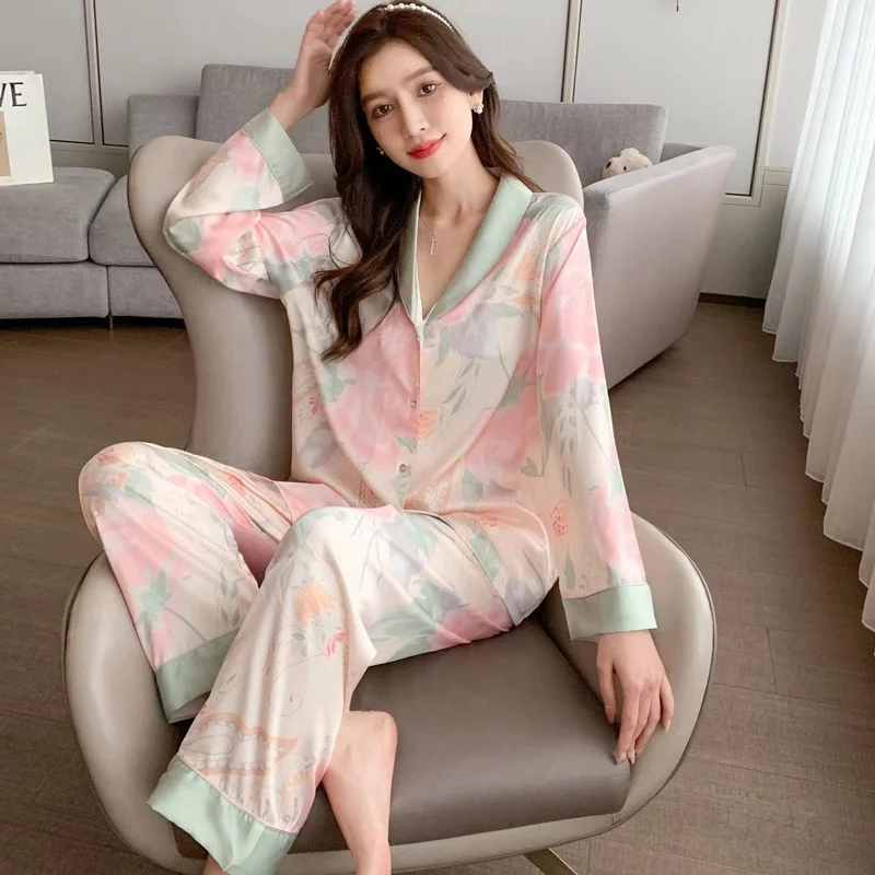 Lisacmvpnel Spring New Style Ice Silk Pajamas Women's Long Sleeved Suit Thin Home Clothes Suit Can Be Worn Outside Print Fashion