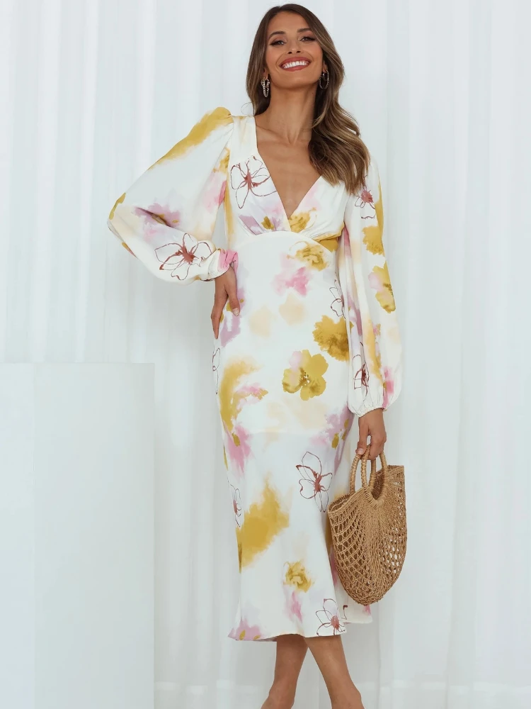 

Female Sexy Puff Sleeve Long Sleeve Midi Elegant Dresses for Women V Neck Printed Long Dress Casual Clothes