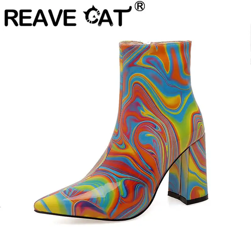 

REAVE CAT Design Shoes Womens Short Booties Pointed Toe Block Heel 9cm Zipper Mixed Color Big Size 43 Fashion Dating Boots S4304