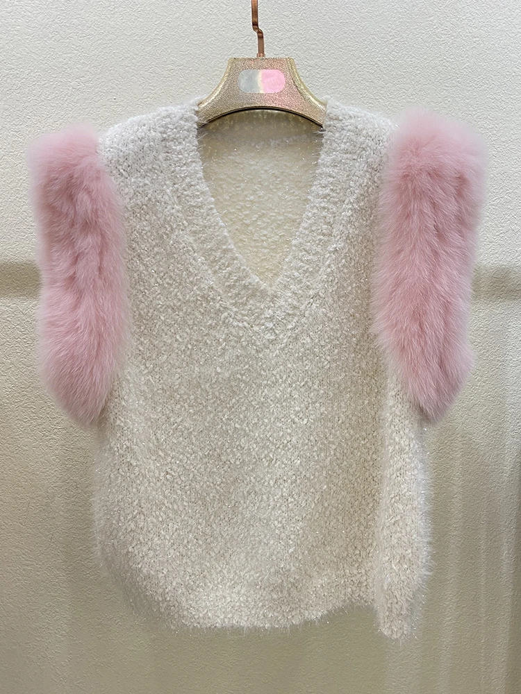 2023 Spring Korea Style Women Fashion Fox Fur Decoration Sleeveless Autumn Vest Sweater Spring Knitted Waistcoat Vest