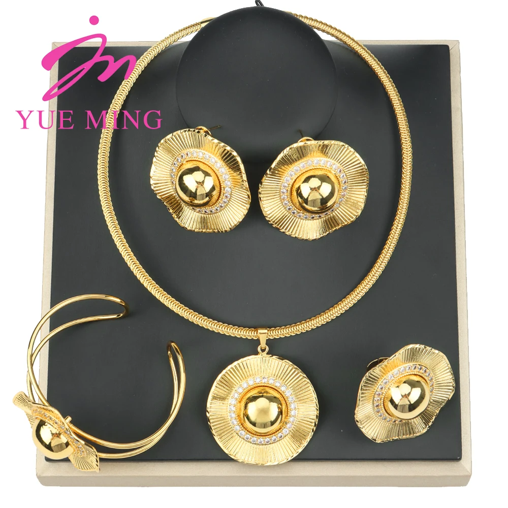

YM Gold Color Jewelry Set for Women Fashion Necklace Ring Bracelet Earring African Dubai Party Wedding 18K Golden Jewelry
