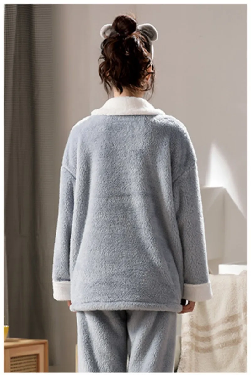 Girl's Winter Two Pieces Pajama Suit Length To The Ankle Polyester Warm Comfortable Skin-Friendly Lapel Breasted Leisure Wear