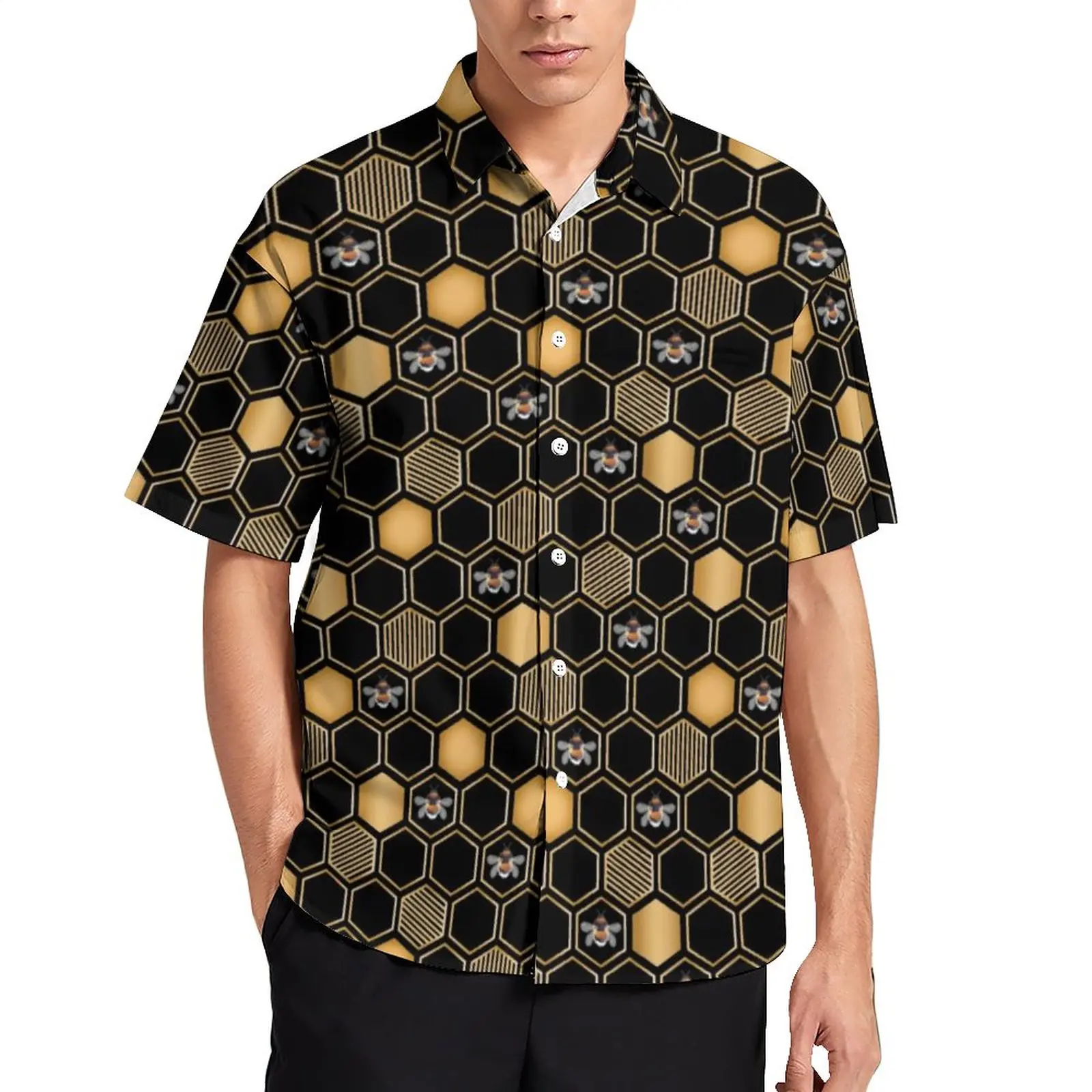 

Bees Print Vacation Shirt Honeycomb Geometric Hawaii Casual Shirts Men Streetwear Blouses Short Sleeve Printed Top Plus Size 4XL