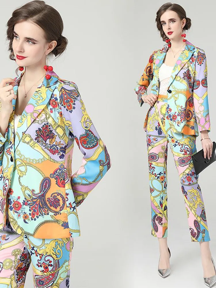 Женский брючный костюм с цветочным принтом пиджак на одной пуговице и