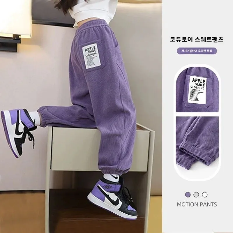 Children's Pants Autumn and Winter Clothing 2024 New Girls' Sports Fleece-lined Sweatpants Spring Older Children's...