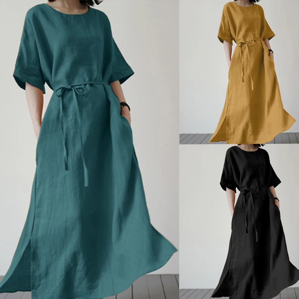 

Europe and The United Women's Long Skirt Fashion Open Hem Sun Dress Elegant Short Sleeved Casual Belt Cotton Linen Dresses Women