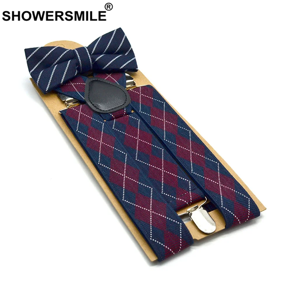 SHOWERSMILE Черно-белые полосатые подтяжки с галстуком-бабочкой