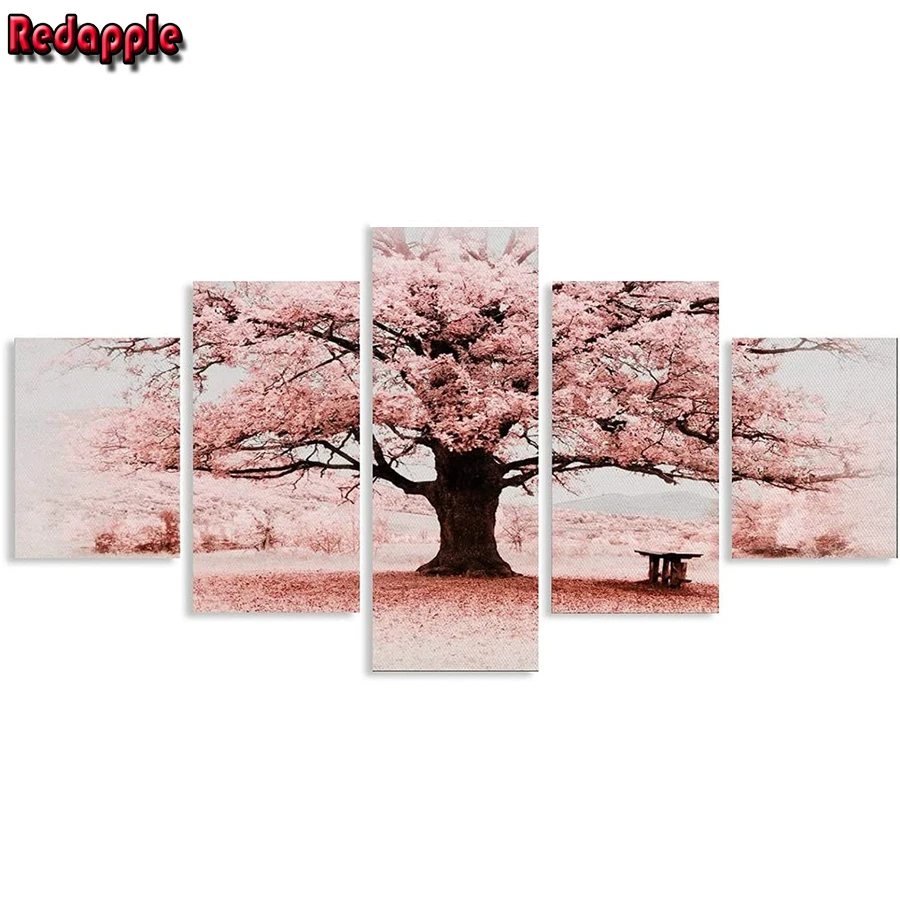 

Sakura Tree Botanical Landscape diamond painting full square round Flower Cherry Blossom cross stitch diamond mosaic 5 pcs set