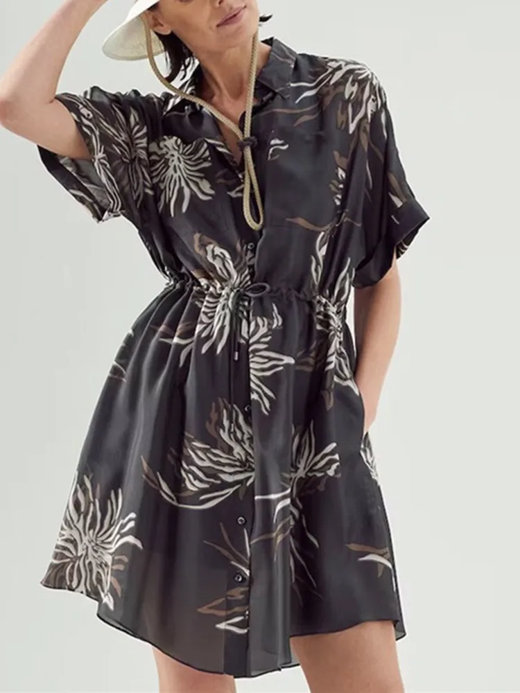 2023 Summer New Women's Two Pieces Set Dress Waist Drawstring Turn-Down Collar Single Breasted Female Floral Print Robe