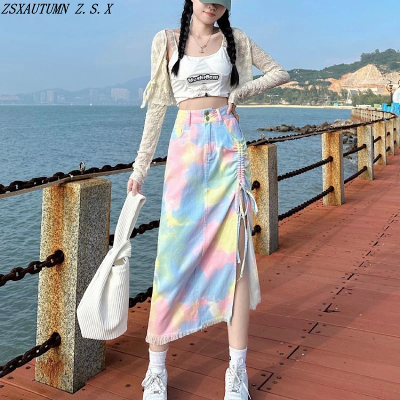 

Модная Джинсовая юбка с высокой талией для женщин на весну и лето, популярная юбка А-силуэта с разрезом на бедрах, винтажная универсальная юбка с рыбьим хвостом