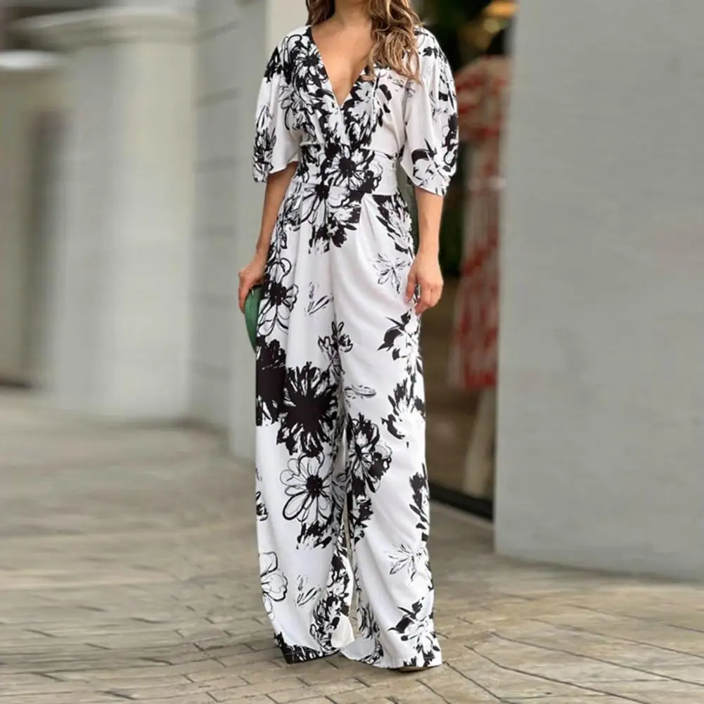 

Fashion Women Jumpsuit Full-Length Work Jumpsuit Elastic Waist Lady Summer Floral Print Wide Leg Casual Jumpsuit Versatile