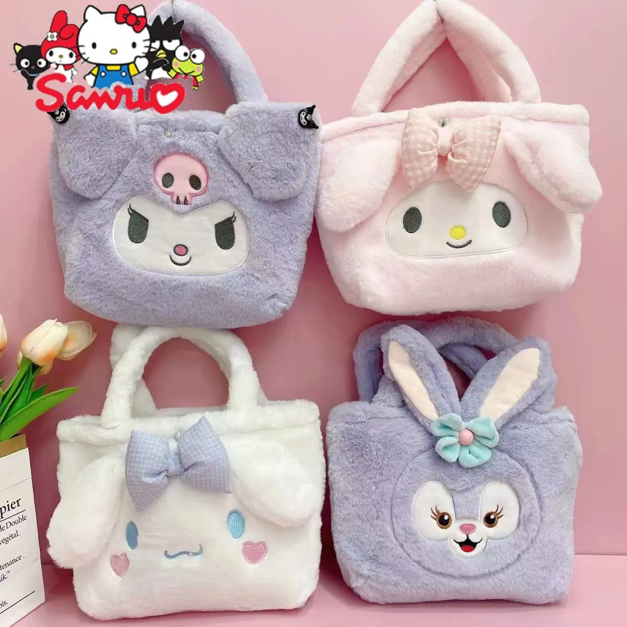 

Sanrio Kuromi Melody Cinnamoroll Plush Handheld Cosmetic Bag Japanese Cartoon Lunch Box Shopping Bag Toy Festival about 25CM