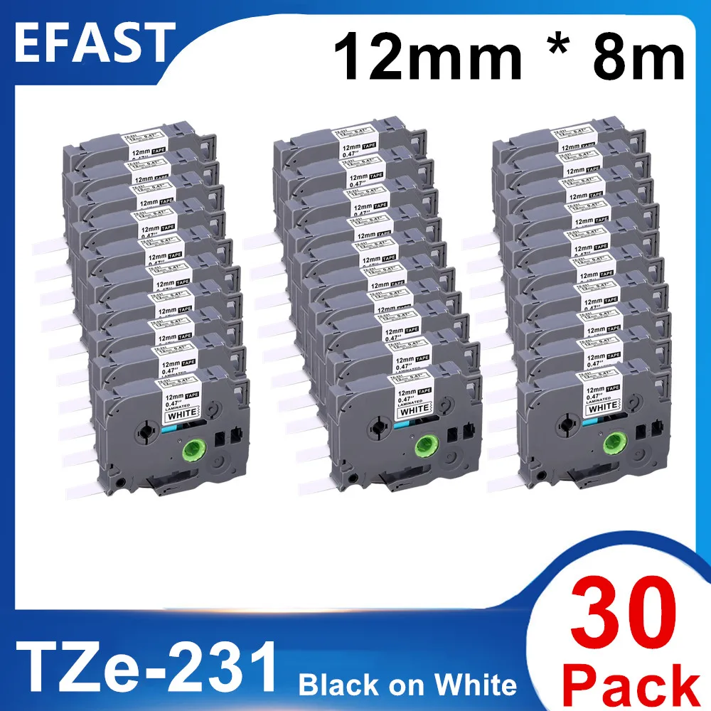 

10~30PK Label TAPE 12mm Black White For Brother Tze-231 Tze231 tze 231 tze231 Laminated P-Touch PT-D200 PT-D210 PTH100 PT-D400