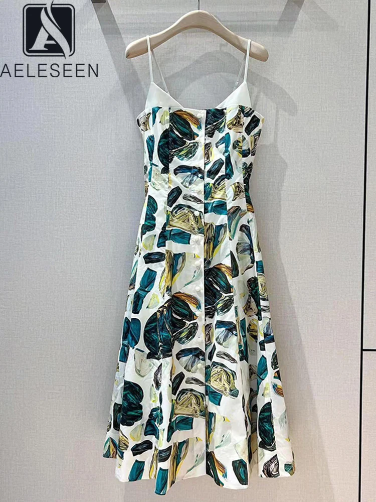 

AELESEEN Fashion Designer 100% Cotton Knee-Length Women Spaghetti Strap Emerald Printed Single Breasted Holiday Full Camisole