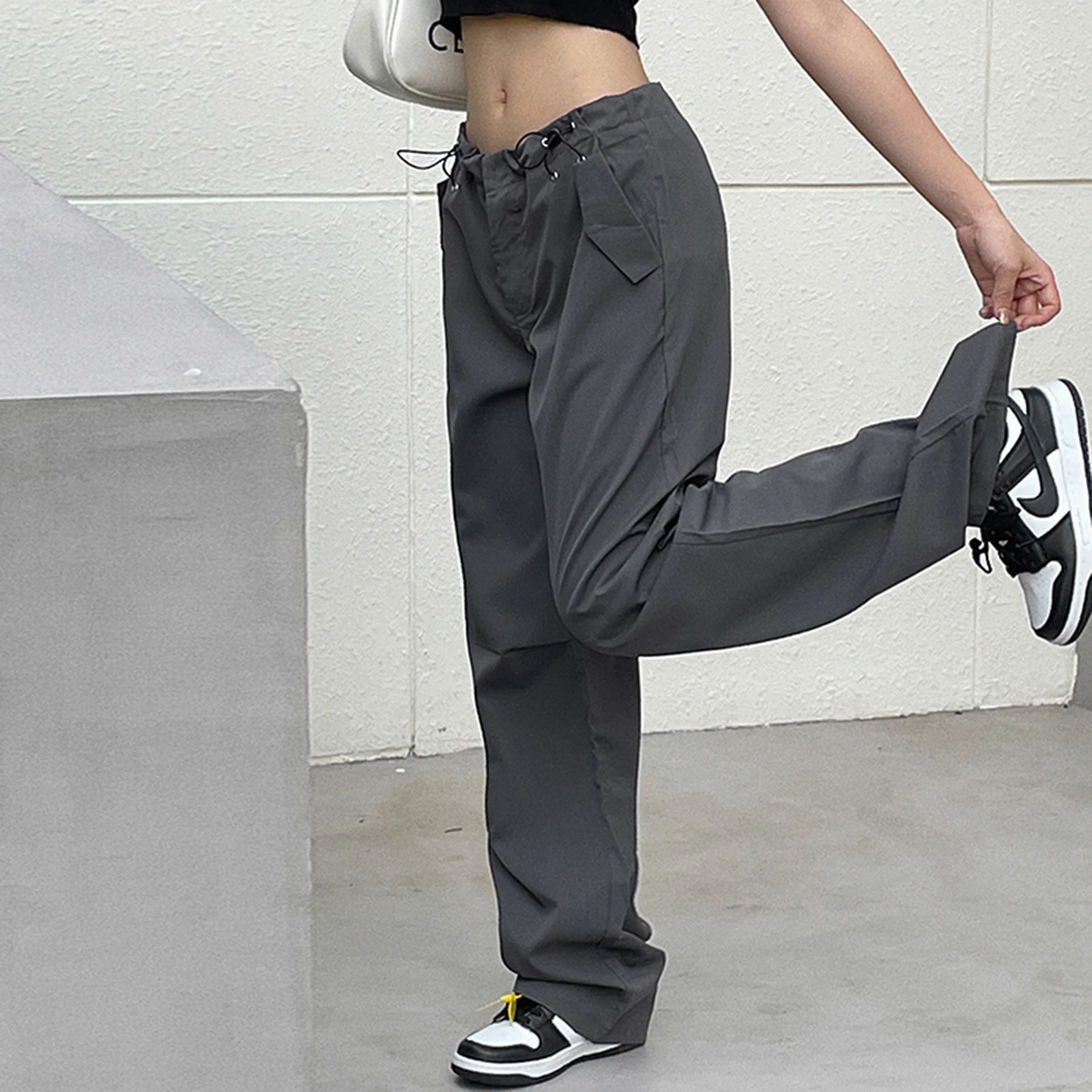 

Брюки-карго женские серые с эластичным поясом, повседневные свободные штаны с карманами, винтажный уличный костюм в стиле Y2K, лето