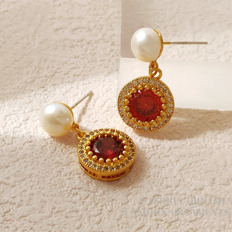 Французский стиль S925 Серебряные иглы Женские элегантные винно-красные