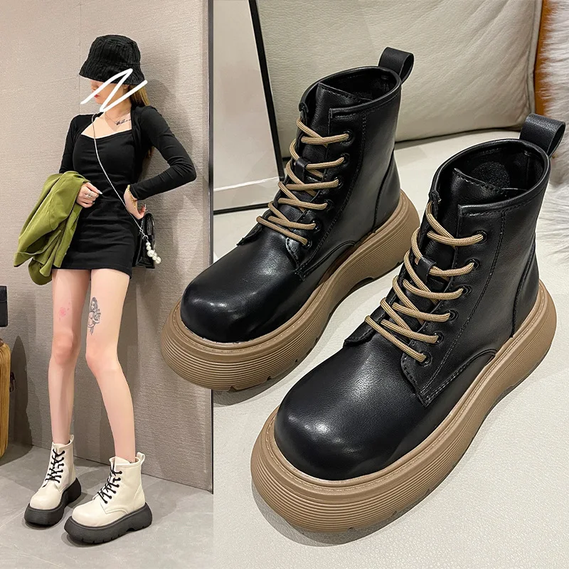 2023Women's Shoes Fashion Women's Boots Thick-soled Autumn PU Leather Ankle Boots Motorcycle Thickened Heel Lace Up  Boots Women