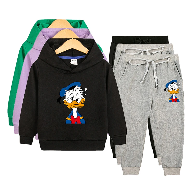 Boys Disney Clothes Set Spring Autumn Girls Two Piece Sportswear 2-10 Years Kids Donald Duck Hoodies Children Cartoon Outfits