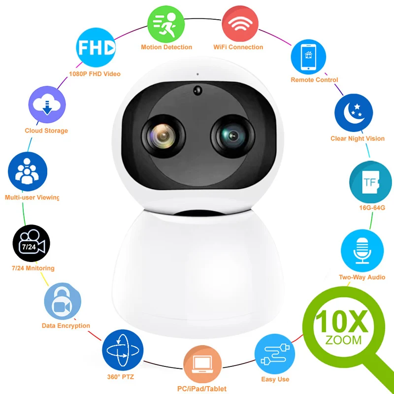 

New HD 1080P Indoor WiFi Camera Smart Home Security Surveillance IP Camera CCTV 10X Zoom Baby Pet Video Monitor Securite Cam