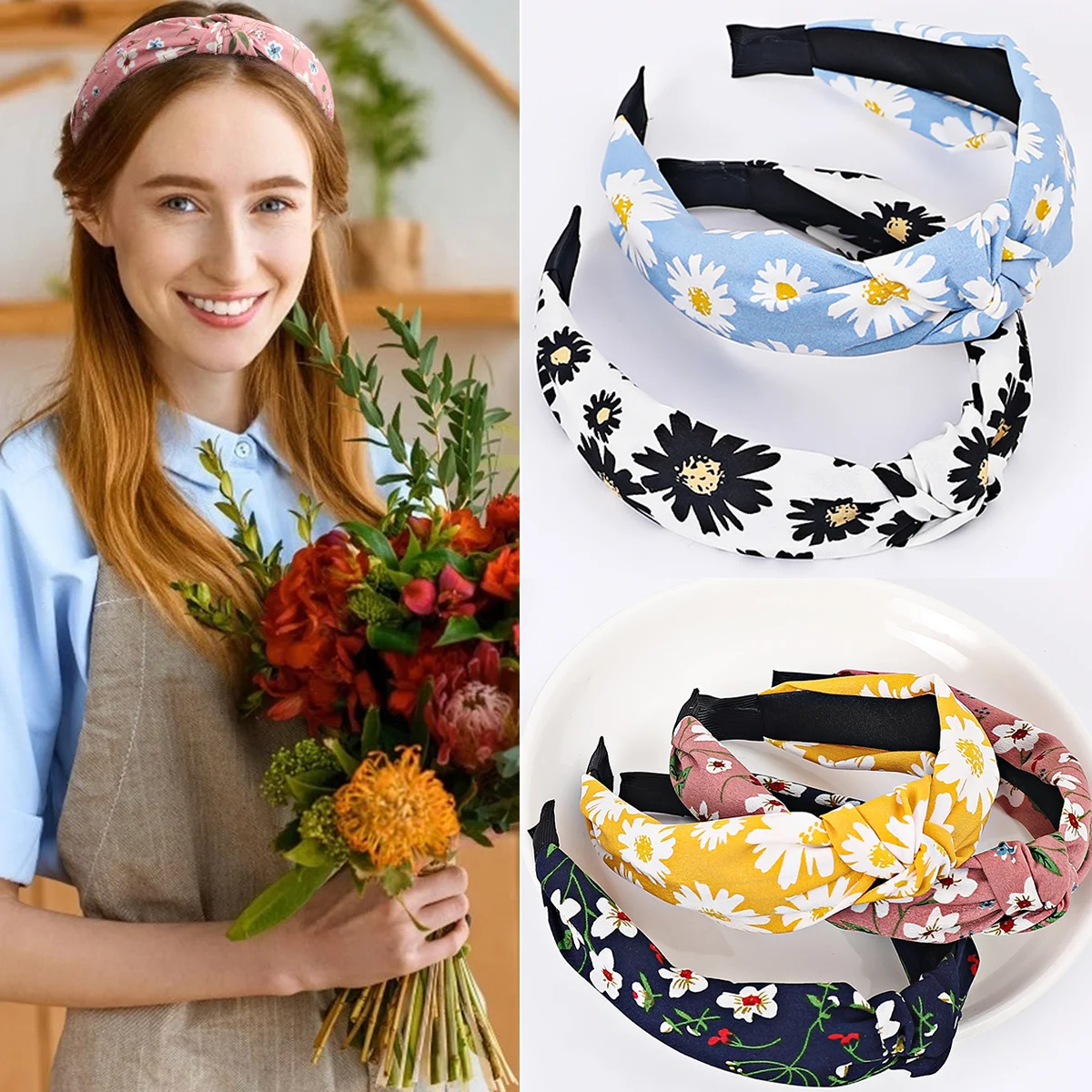 

2023 New Design Fashion Floral Wide Knotted Headbands Elastic Turban Boho Bandeau Hairband for Girls Women Hair Accessories