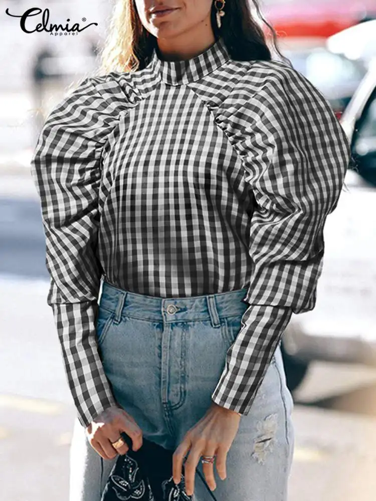 

Блузка женская плиссированная с длинными рукавами-фонариками и воротником-стойкой