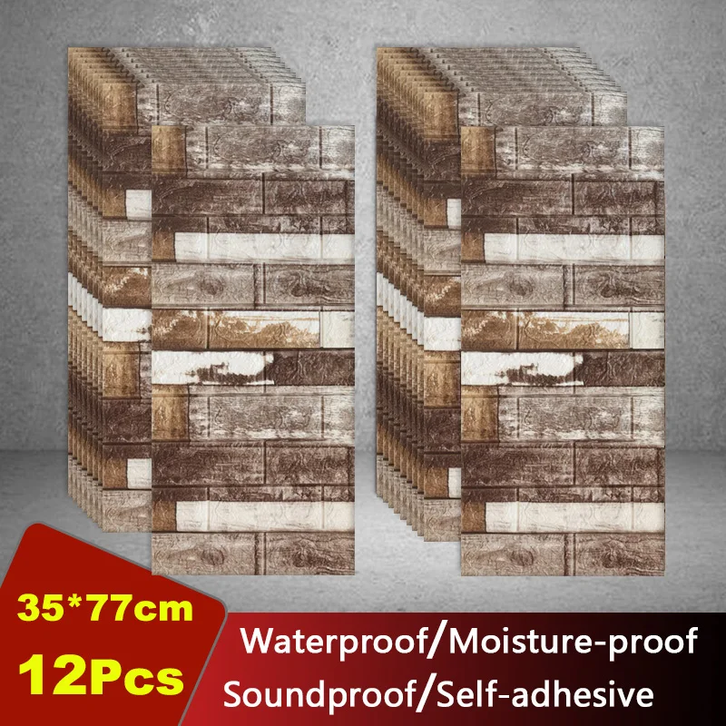 

12pcs 3D Brick Wall Stickers Self- Adhesive Waterproof Roof Ceiling Decor for Living Room Bedroom TV Background Foam Wallpaper