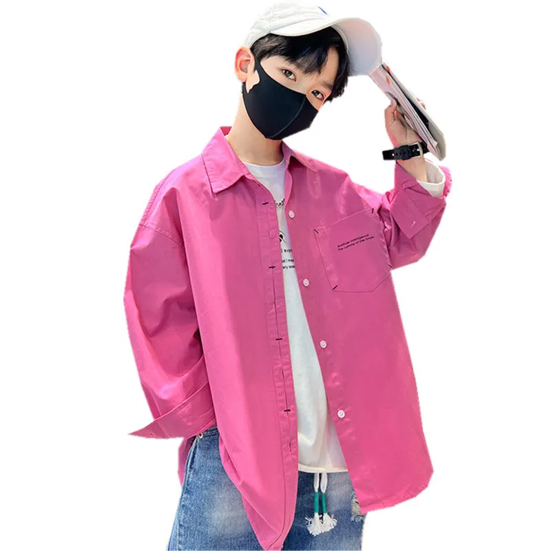 

Spring Autumn Big Boys Fashion Loose Shirts Children Pink White Color Clothes Casual Long Sleeve Cotton Korean Tops 9 11 13 14 Y