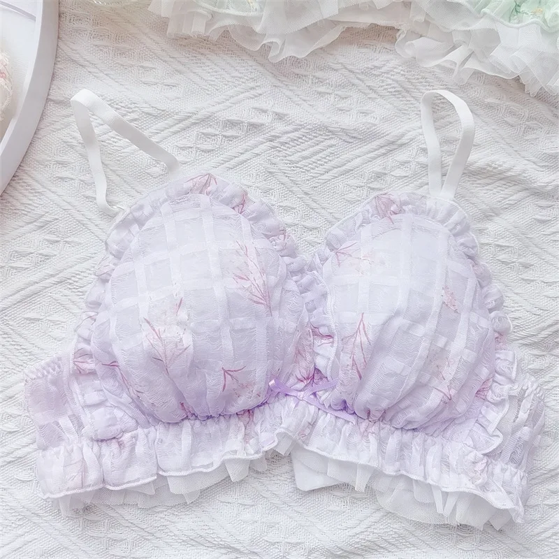

10Sets Japanese Korean Ladies 2 Piece Set Ruffled Lingerie French Girl Light Bra Panty Sweet Cute Wire Free Push Up Bra Suit