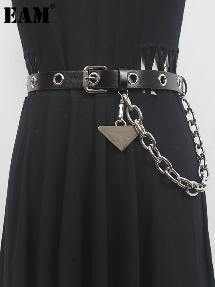 

[EAM] Pu Leather Black Metal Chain Long Wide Belt Personality Women New Fashion Tide All-match Spring Autumn 2022 1DE7006