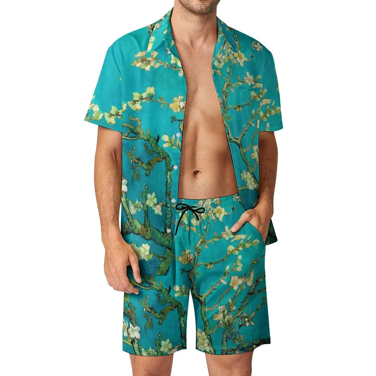

Van Gogh Men Sets Almond Tree Floral Art Casual Shorts Beach Shirt Set Summer Funny Suit Short-Sleeved Big Size