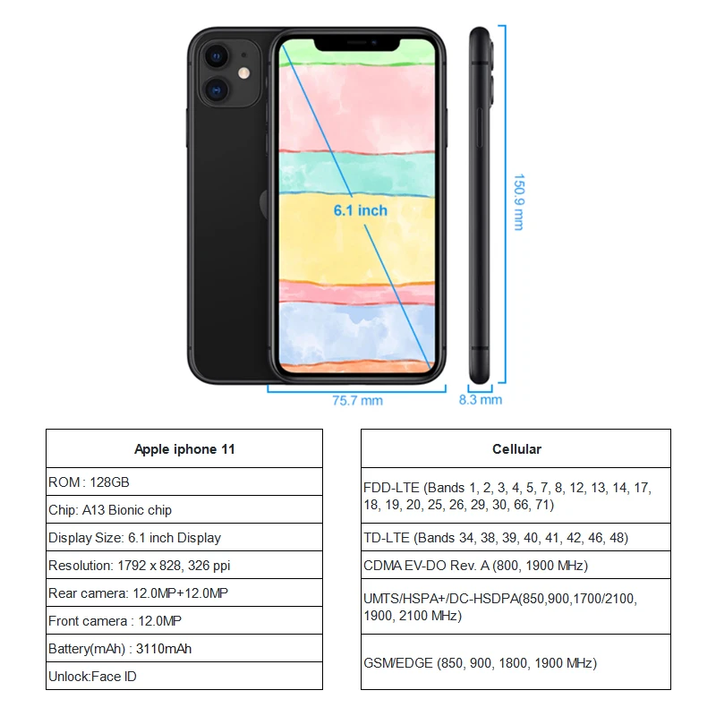 Разблокированный смартфон Apple iPhone 11 128 Гб ПЗУ поддержка распознавания лица iOS A13