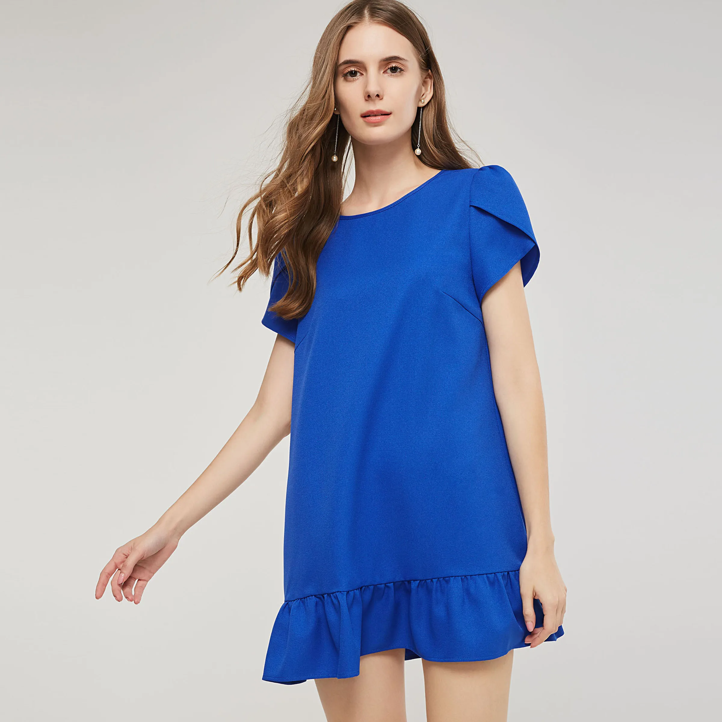 

Women Mini Dresses Elegant Summer 2022 Ruffle Casual Royal Blue Aline Trips Sweet Short Dress Ladies Chic Short Sleeve Vestidos