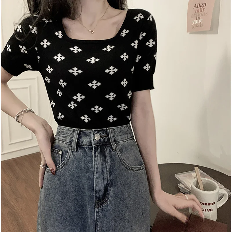 

Women's Clothing T-shirt Cross Jacquard Knitted Top 2023 Summer Slim Low Cut Square Neck Fashion Versatile Open Navel Short Top