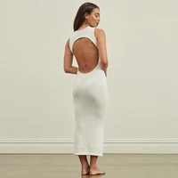 2022 women fashion dress solid color backless non sleeve slim pullover round neck casual sexy ladies dress for summer