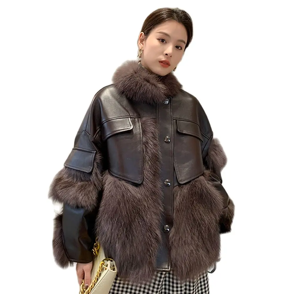 Women Real Fur Coat Autumn Winter Vintage Thicken Fox Fur Stand Collar Down Cotton Liner Splicing Sheepskin Jacket Fur Outerwear