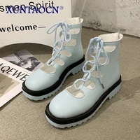 women shoes boots 2022 trend ladies martin boots increasing heels lace up hollow out fashion round head shoes for female