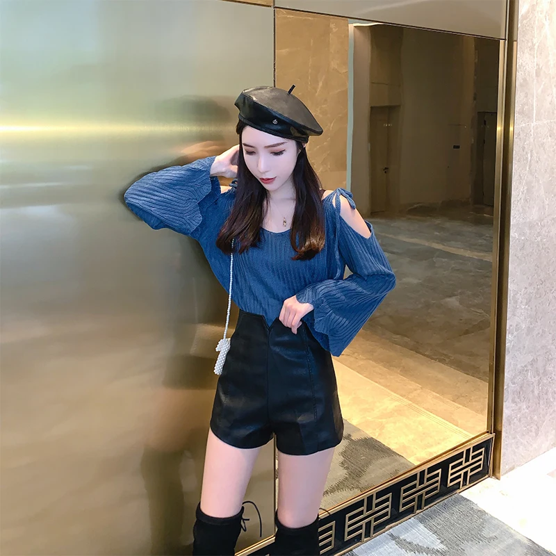Heard Future Pants Clothing 2023 spring new Korean version of PU leather shorts A word outer wear women's soft leather pants hig