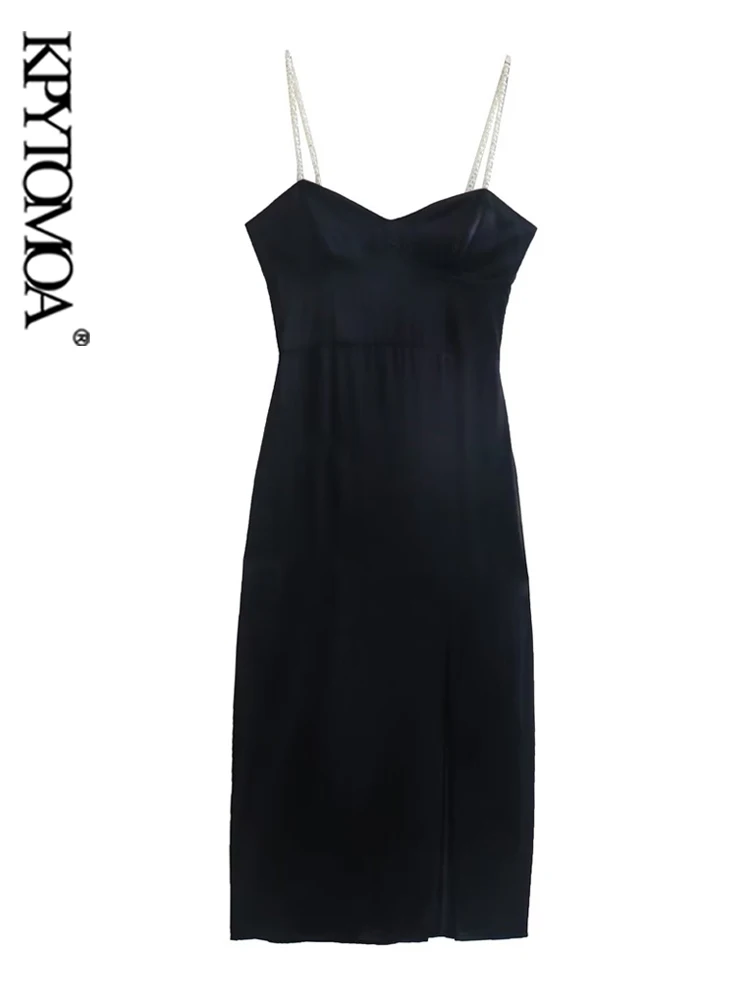 

KPYTOMOA Women Fashion Front Slit Satin Midi Dress Vintage Backless Side Zipper With Faux Pearl Straps Female Dresses Mujer