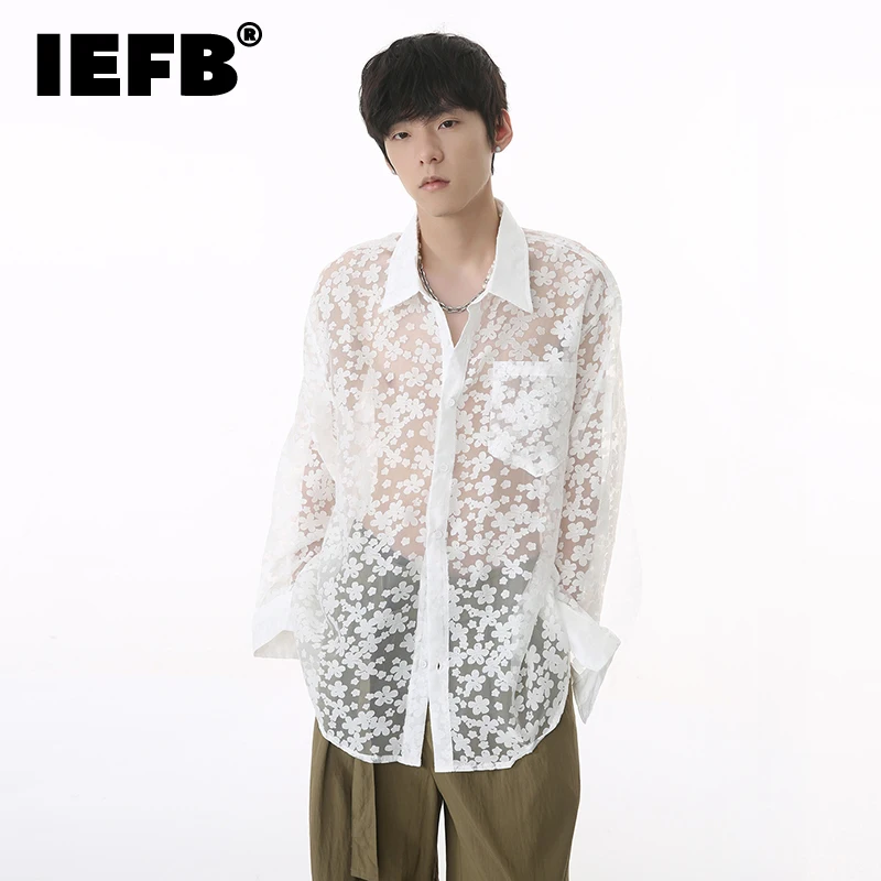 

Рубашка IEFB мужская с кружевной отделкой, тонкая прозрачная блуза с длинным рукавом, свободная Солнцезащитная одежда в Корейском стиле, 9C689, на лето