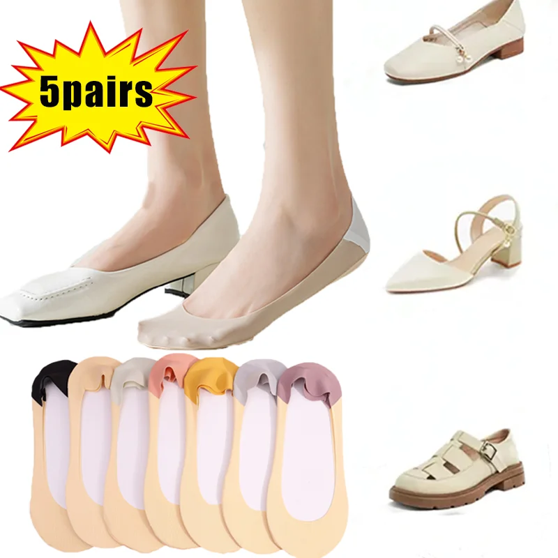 5pairs Nylon Ice Silk Boat Socks Summer Ultrathin Breathable Sock for Women Girls Harajuku Invisible Non-slip Low Cut Ankle Sock