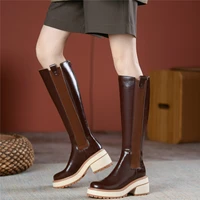 winter shoes women genuine leather chunky high heels thigh high motorcycle boots female round toe platform pumps casual shoes