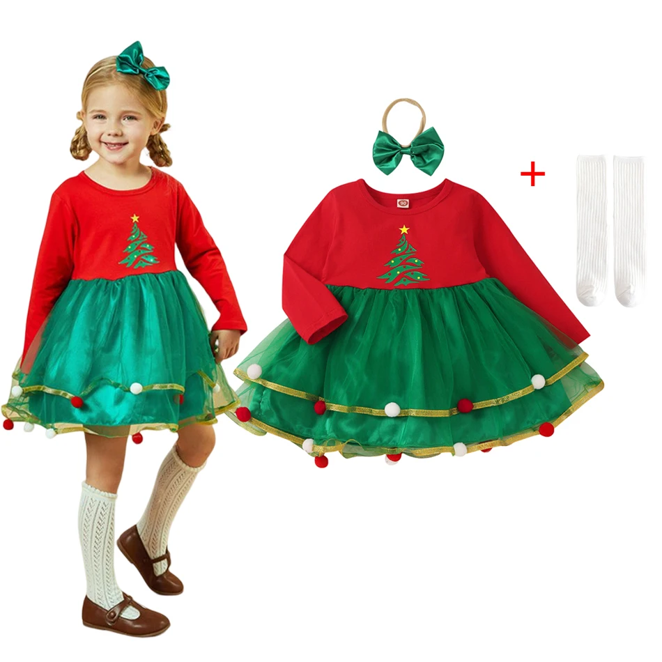 

Christmas Baby Girls Dress Long Sleeve Xmas Tree Snowman Santa Claus Tulle Tutu Party Dresses Outfits For Girl New Year Costumes