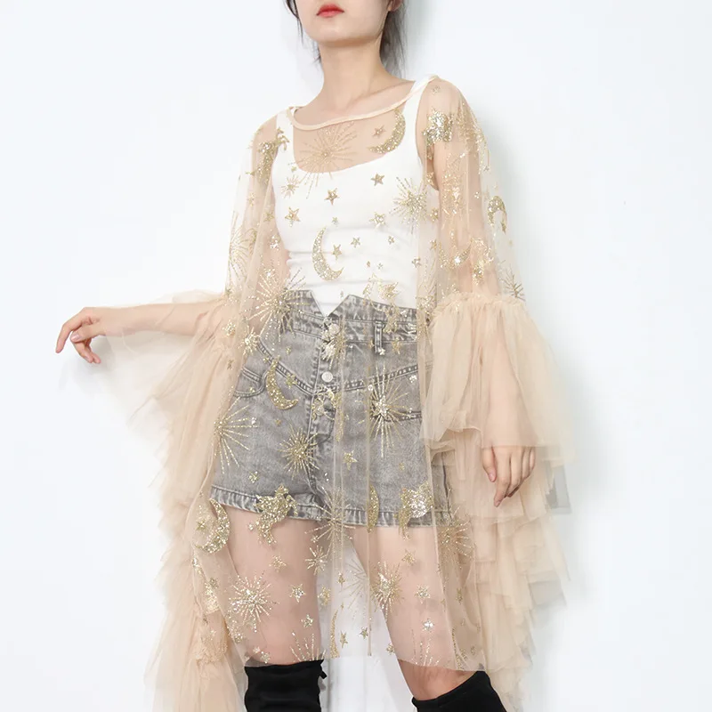 

Women Tulle See Through Mini Dress Sexy Sheer Bling Bling Star Hot Stamping Cover Up Gauze Dress Beach Party Outfits