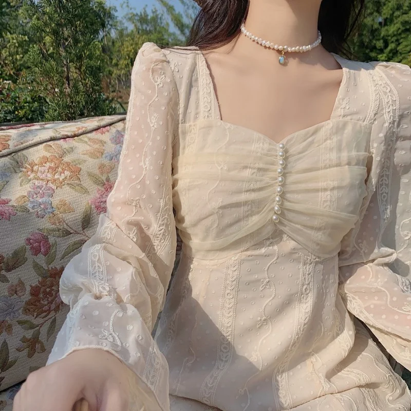 

2021 Spring Chiffon Dress Gentle Temperament White Sweet and Salty Dress Women Vestido Feminino