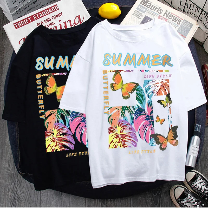 

Oversized T Shirt Fashion Butterfly Letters Graphic Print Short Sleeve Women T Shirt Summer Y2k Tops Casual Loose Woman Tshirts